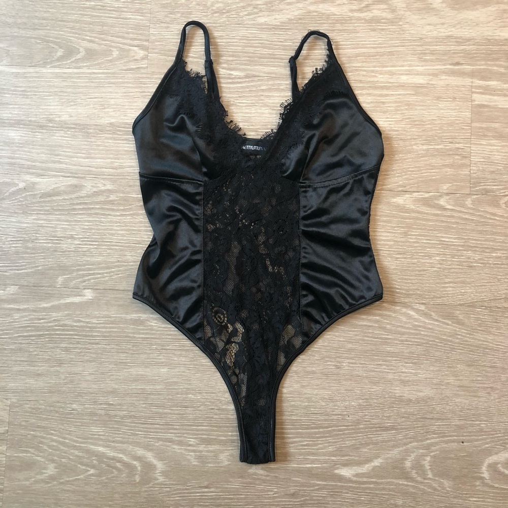 Prettylittlething Black Satin Lace Insert Bodysuit